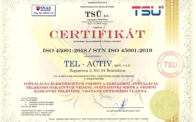 Certifikát ISO 45001:2018