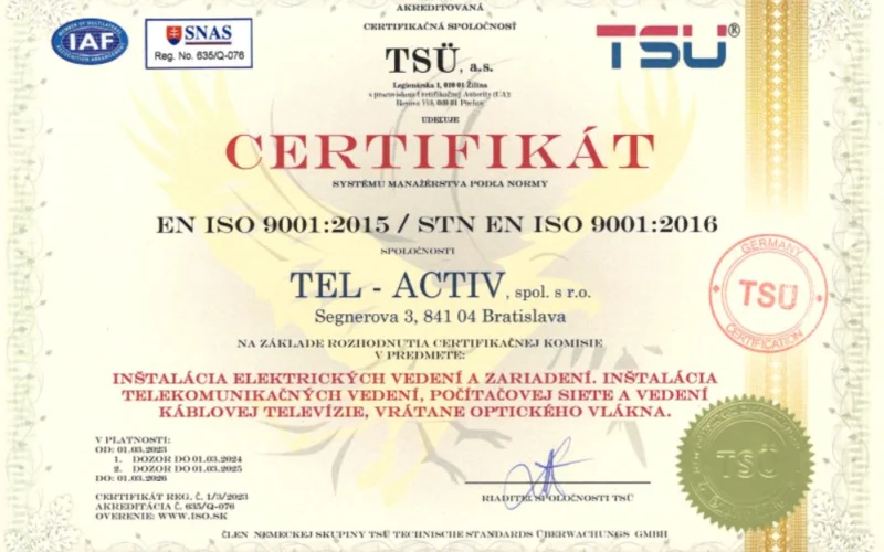Certifikát ISO 9001:2015